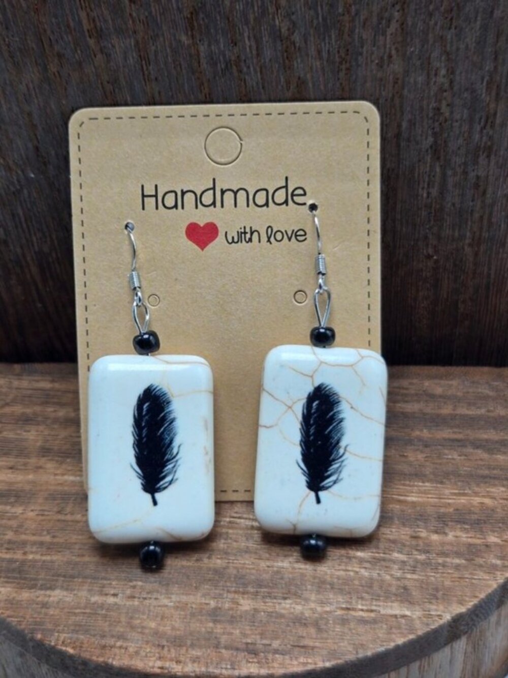 NWT Western Feather Earrings Pierced Polished Stone Dangle Drop Fashion Costume